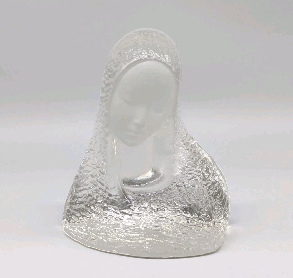 Vintage Viking Art Glass Madonna Bust Frosted & Clear Virgin Mary Figure Heavy